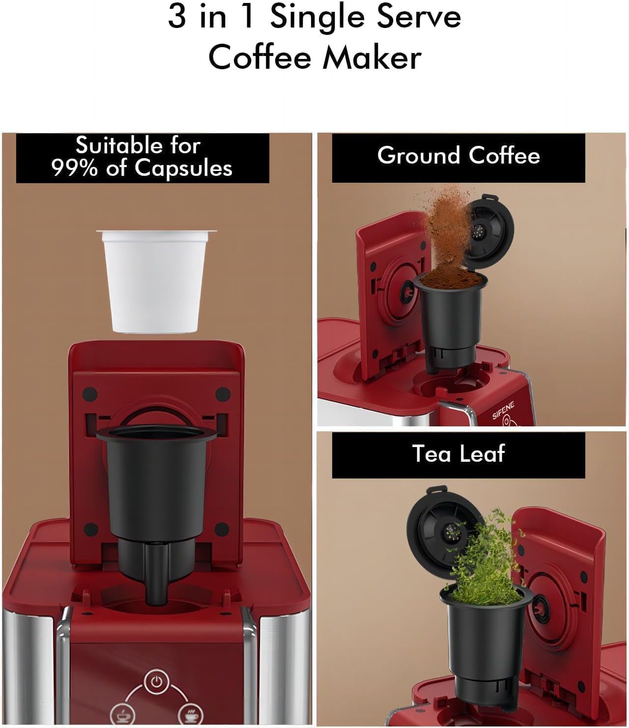 Single Serve Coffee Maker - 3-in-1 K Pod Coffee Machine, Ground, Leaf Tea, 50oz Reservoir, Red