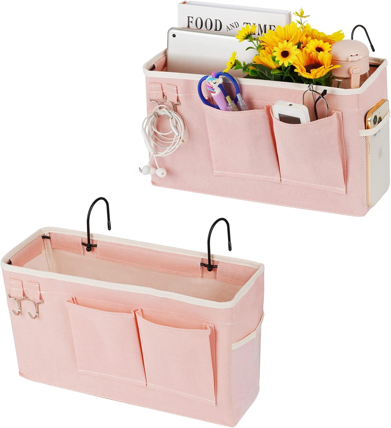 Loghot Bedside Caddy/Bedside Storage Bag Hanging Organizer for Bunk and Hospital Beds,Dorm Rooms Bed Rails,Can be Placed Glasses,Books,Mobile Phones,Keys (2pc Pink)