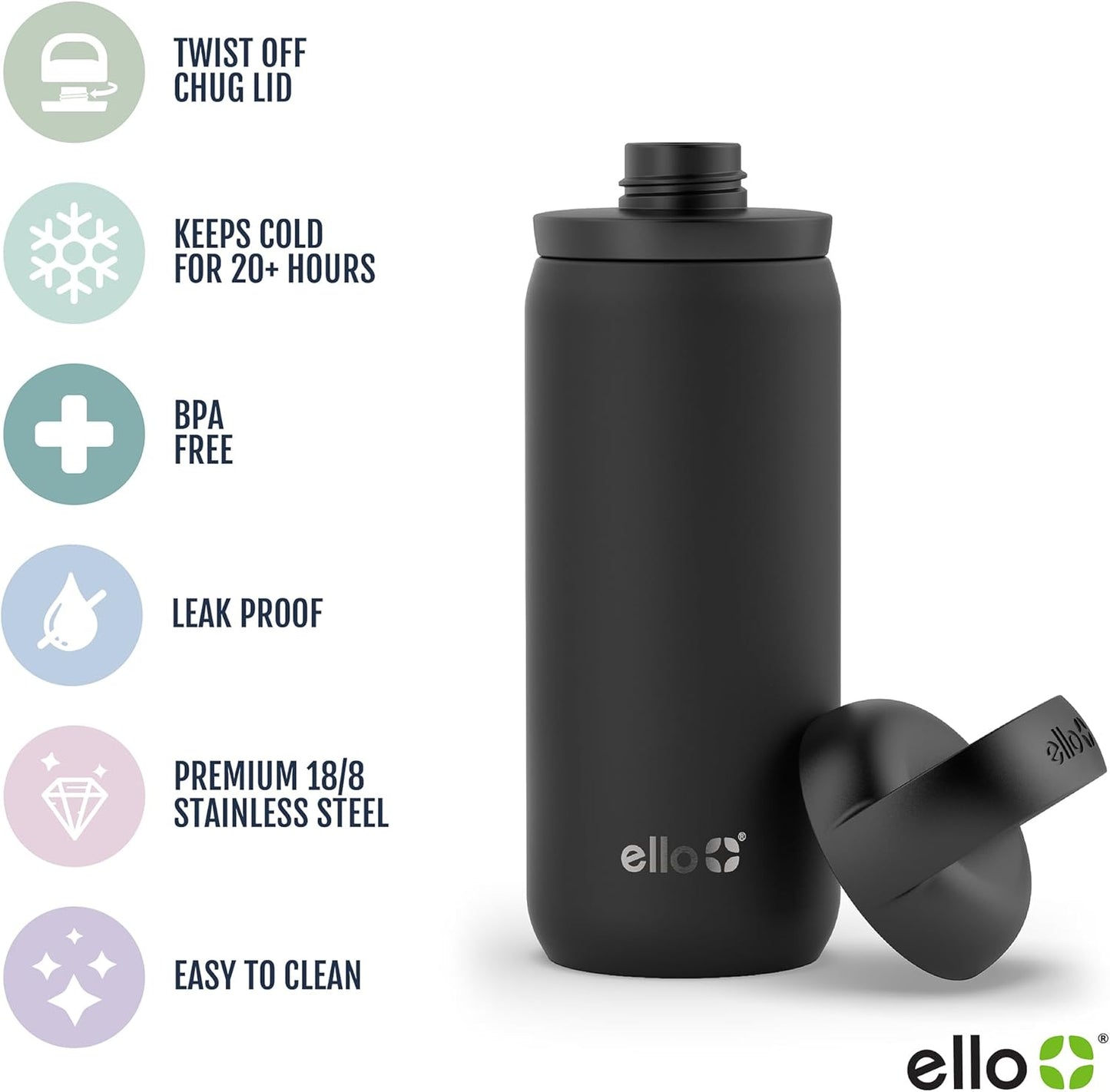 Ello Cooper Twist 18oz Kids Stainless Steel Water Bottle with Chug Lid | Leak Proof Double Wall Vacuum Insulated | Fits Car Cupholder | Built in Carry Loop | Dishwasher Safe | Cashmere Pink