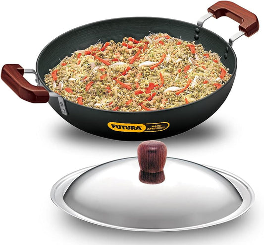 Hawkins Futura 7.5 Litre Deep Fry Pan, Hard Anodised Kadai with Stainless Steel Lid, Flat Bottom Kadhai, Big Kadai, Black (AD75S)