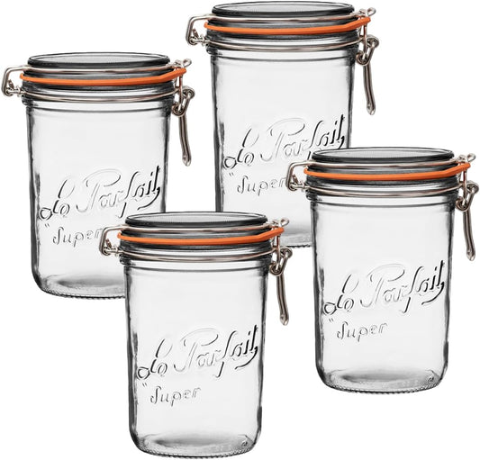 Le Parfait Super Terrine Jar | 32oz/Quart (Pack of 4) 1L French Glass Jar, Airtight Rubber Seal & Glass Lid | Glass Jars for Kitchen Organization and Storage Containers for Kitchen Essentials