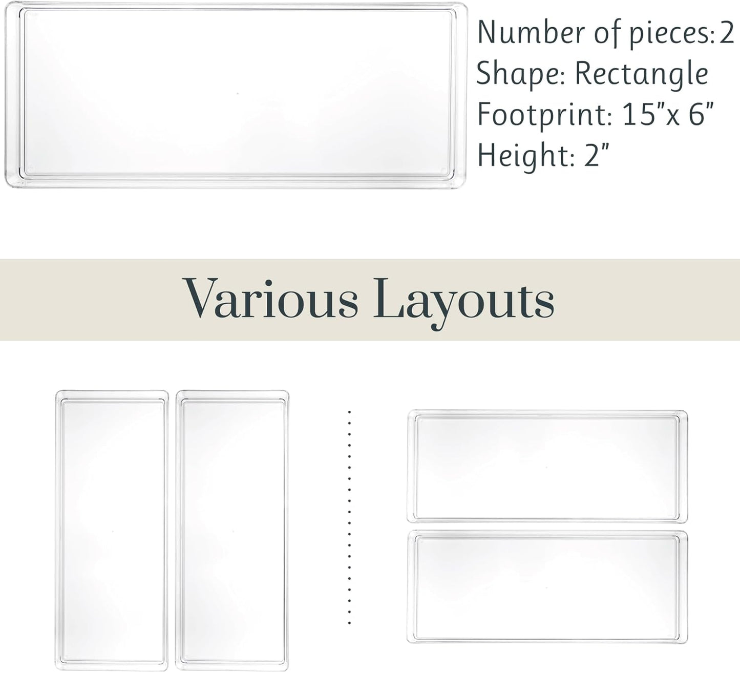 STORi SimpleSort 2-Piece Stackable Clear Drawer Organizer Set | 15" x 6" x 2" Rectangle Trays | Wide Makeup Vanity Storage Bins and Office Desk Drawer Dividers | Made in USA