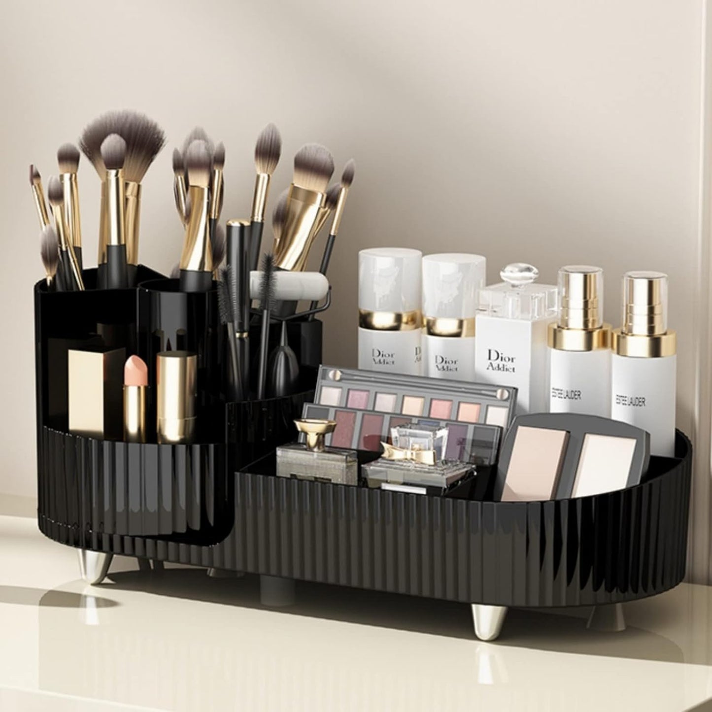 Rotating makeup organizer,Large Capacity Cosmetic Display Case, easy to hold all of your makeup products, at least 20 makeup brushes/eyeliner,10 lipsticks,8 skincare products(Black)