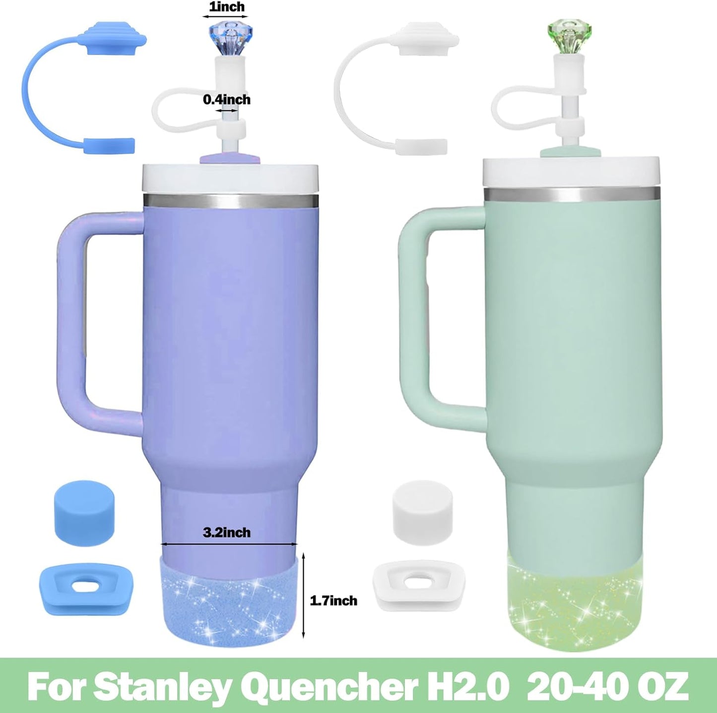 Mity rain Set for Stanley Cup Accessories, Including 2Pcs Straw Topper, 4Pcs Silicone Spill Proof Stopper, 2Pcs Protective Glitter Silicone Boot, Set for Stanley Cup 40/30 OZ (Blue+green)