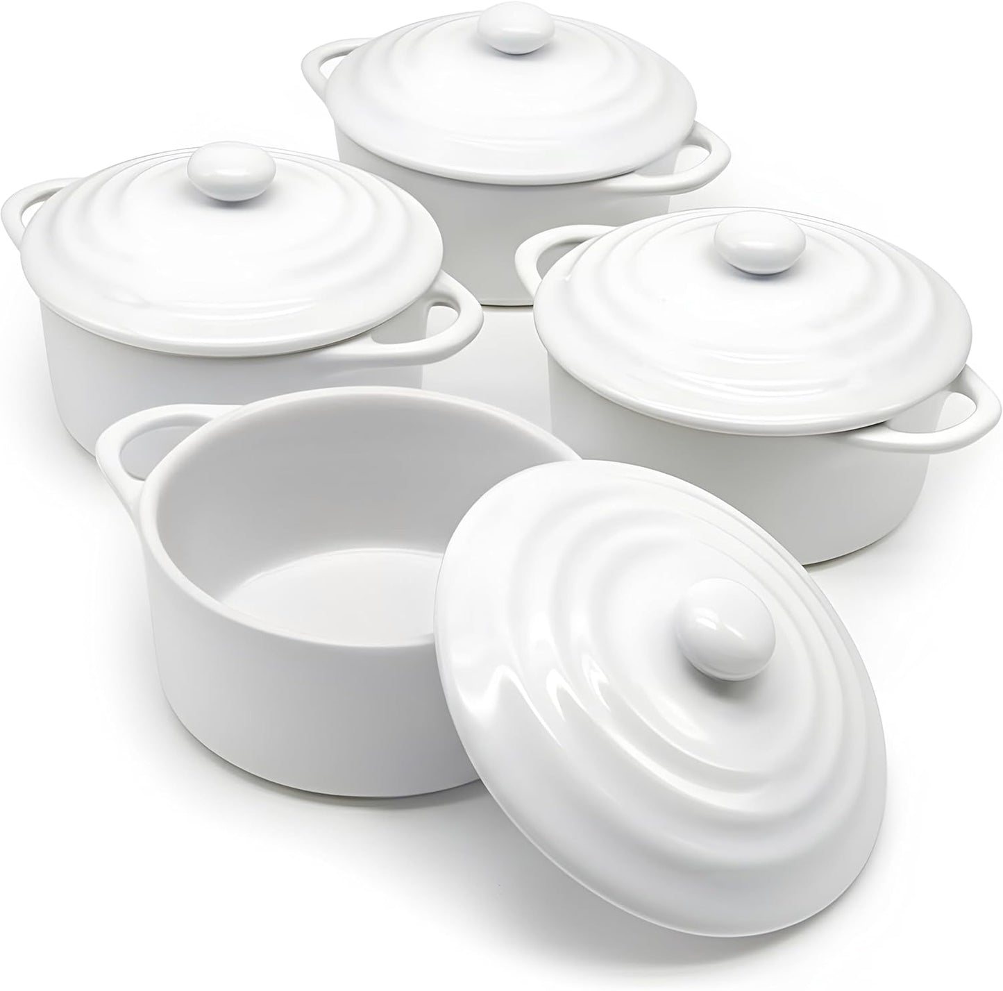 Kook Ceramic Mini Cocotte Set, Small Casserole Dishes with Lids and Handles, Individual Baking Ramekins, Oven, Microwave & Dishwasher Safe, Stoneware, 12 oz, Set of 4 (Swiss White)