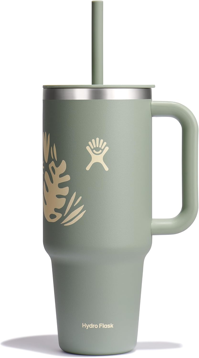 Hydro Flask Travel Tumbler with Handle, Lid and Straw - Insulated Stainless Steel in 40 Oz Botanical Bliss Green