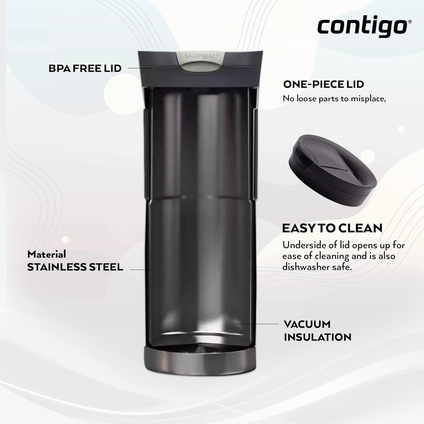 Contigo Byron Snapseal Travel Mug, Stainless Steel Thermal Mug, Vacuum Flask, Leakproof Tumbler, Coffee Mug with BPA Free Easy-Clean Lid, 470 ml, Matte Black