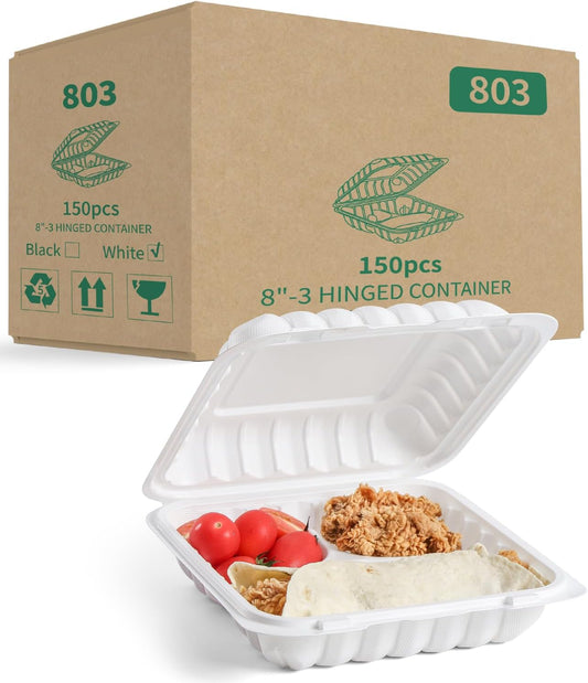 YANGRUI To Go Food Containers, Reusable 150 Pack 8 Inch 34 OZ MFPP Meal Prep Container BPA Free Microwave Freezer Safe Plastic Hinged White Clamshell Take Out Food Boxes