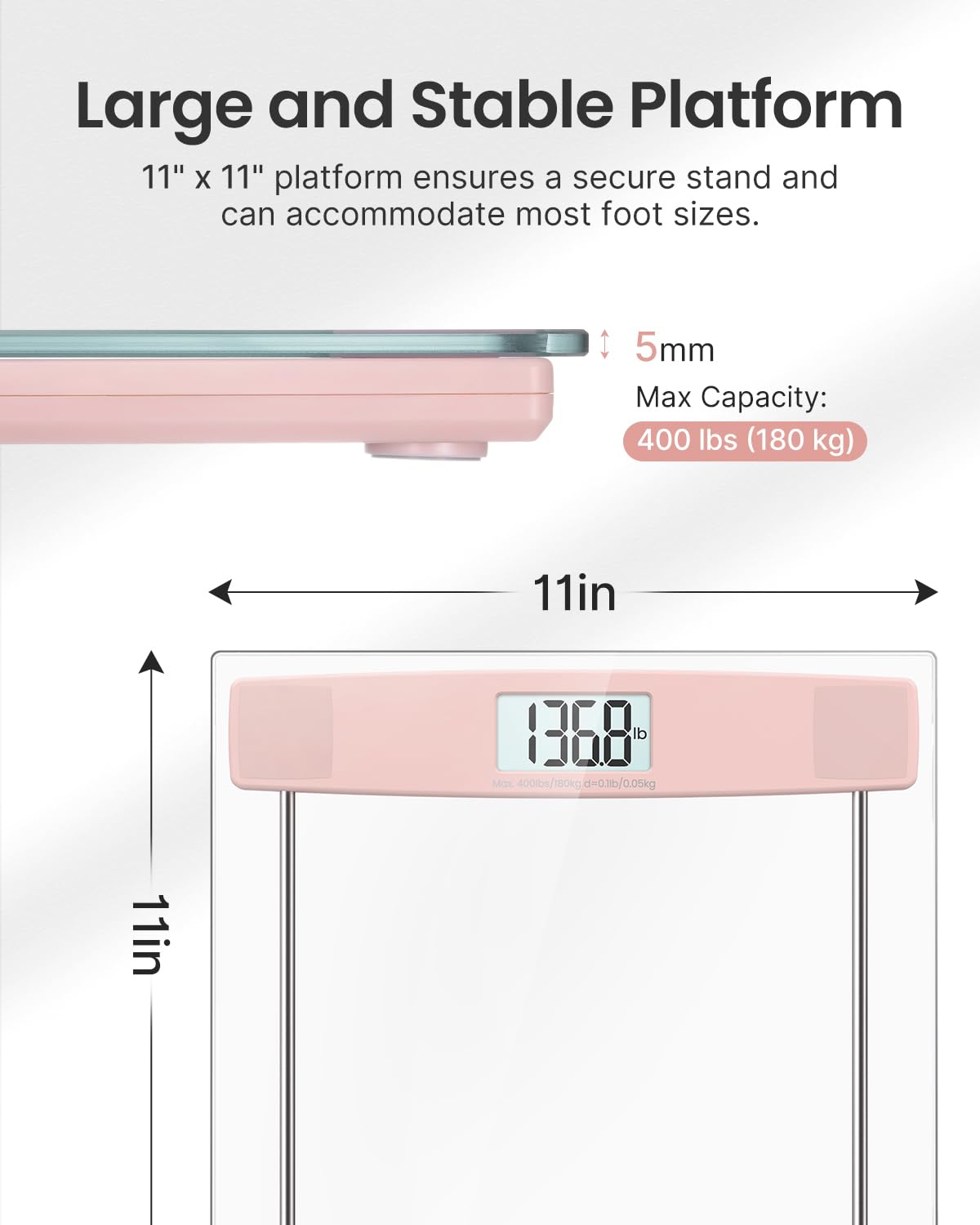 FITINDEX Bathroom Scale for Body Weight, Highly Accurate Digital Weighing Scale with Large LCD Display, Transparent and Slim Tempered Glass, 400 lbs, Pink