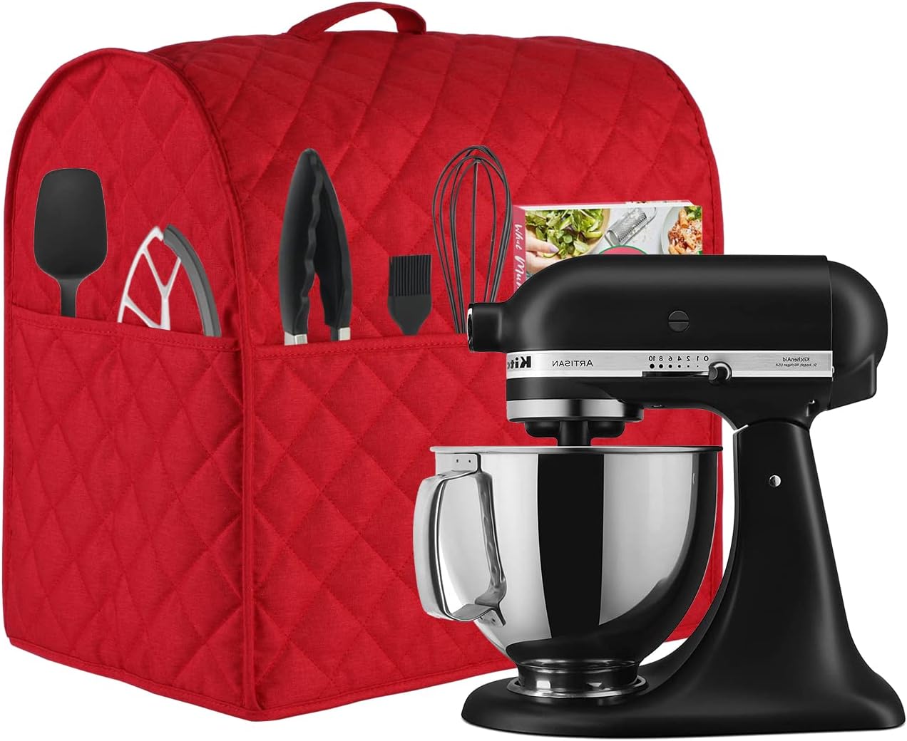 Stand Mixer Cover compatible with Kitchenaid Mixer, Fits All Tilt Head & Bowl Lift Models with 3 Organizer Bag for Accessories. (Red, For Bowl Lift 5-8 Quart)
