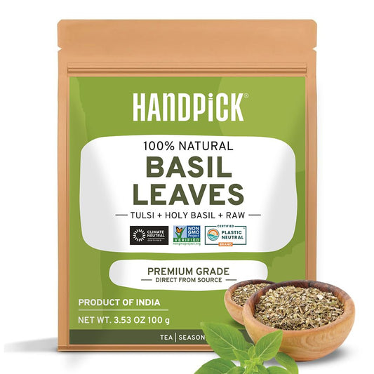 HANDPICK Dried Basil Leaves 40 Servings (100g/ 3.5oz) Non GMO, Gluten Free, 100% Raw Whole Tulsi Leaf, Sourced from India, Premium Quality, Packed in Resealable Ziplock Pouch