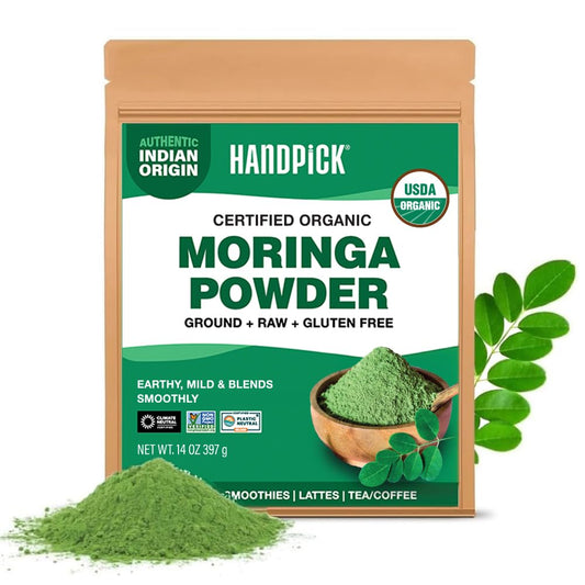 HANDPICK USDA Organic Moringa Powder (397g/14oz) Pure Moringa Oleifera Leaf Powder | Authentic Indian Origin | Gluten Free, Non-GMO | Perfect for Smoothies, Drinks, Tea & Recipes