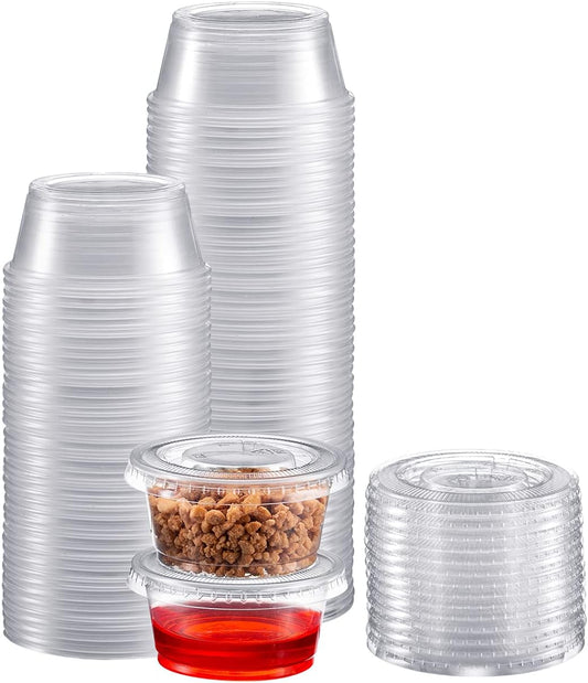 Portion Cups with Lids (3.25 Ounces, 100 Pack) | Disposable Plastic Cups for Meal Prep, Portion Control, Salad Dressing, & Medicine | Small Plastic Condiment Container