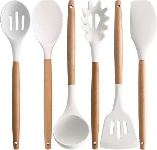 Kitchen Cooking Utensils Set 6Pcs Non-Stick Silicone Kitchen Utensils Spatula Spoon Turner Ladle Pasta Server, Heat Resistant Wooden Handle Silicone Cooking Gadgets Sets for Cookware & Baking