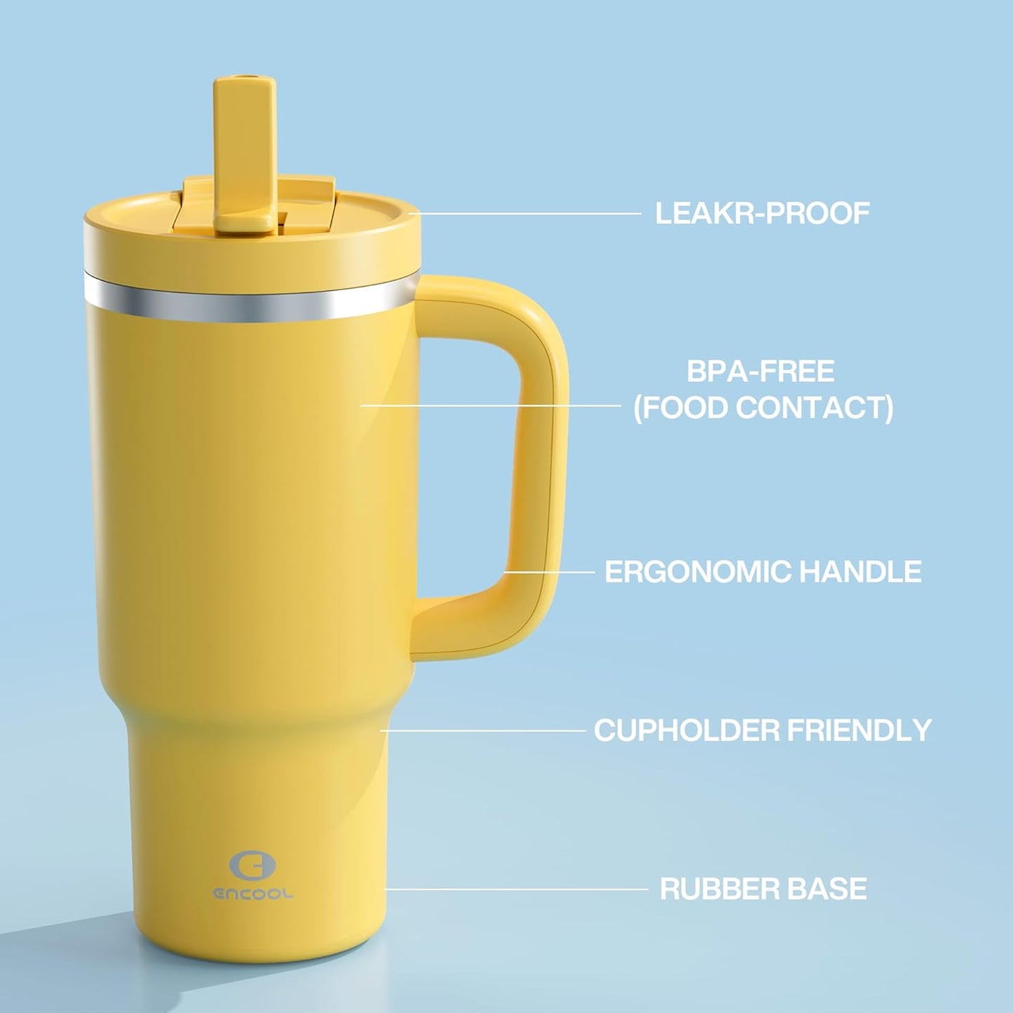 32 oz Tumbler with Handle and Straw: Stainless Steel Insulated Tumbler Keeps Cold for 24 Hours, Leakproof Travel Cup Fits in Cup Holder and BPA-Free, Elfin Yellow