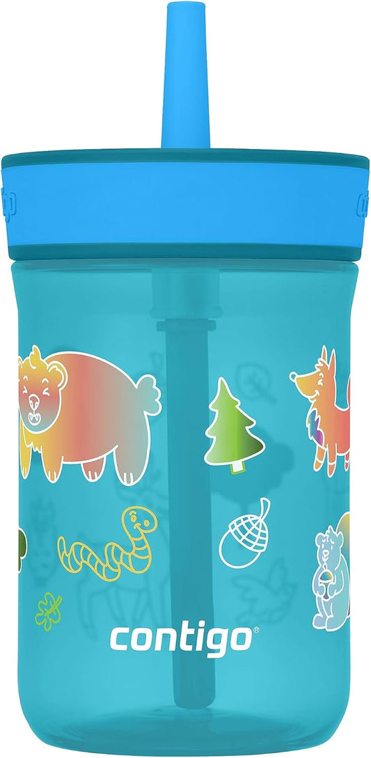 Contigo Kids’ Leighton Straw Tumbler with Spill-Proof Leak-Proof Lid 14oz Juniper/Blue Forest