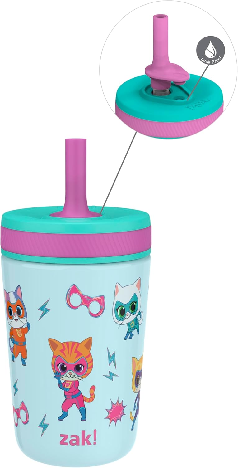 Zak Designs SuperKitties Kelso Toddler Cups For Travel or At Home, 12oz Vacuum Insulated Stainless Steel Sippy Cup With Leak-Proof Design is Perfect For Kids (Ginny, Sparks, Buddy, Bitsy)