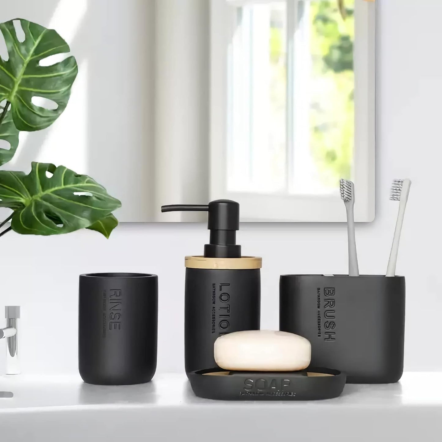 rejomiik Toothbrush Holders Resin Bamboo Tooth Brushing Holder for Bathroom Countertop, Tooth Brush Storage Organizer Stand for Holds Toiletries and Beauty Accessories, Toothpaste, Razor, Matte Black