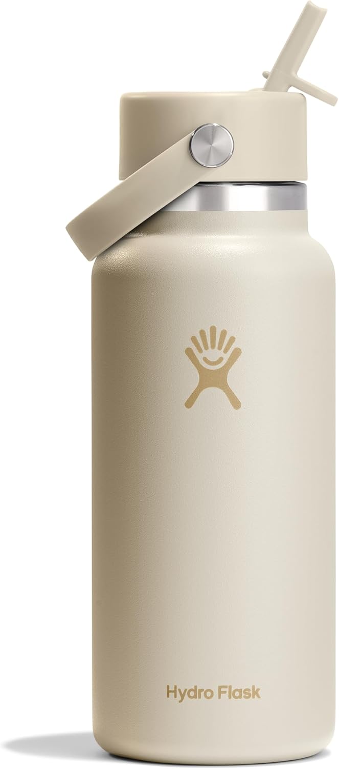 Hydro Flask Water Bottle - Insulated Stainless Steel - Wide Mouth Flex Straw Lid, Non Spill, Leakproof and Refillable in 32 Oz Coconut Cream