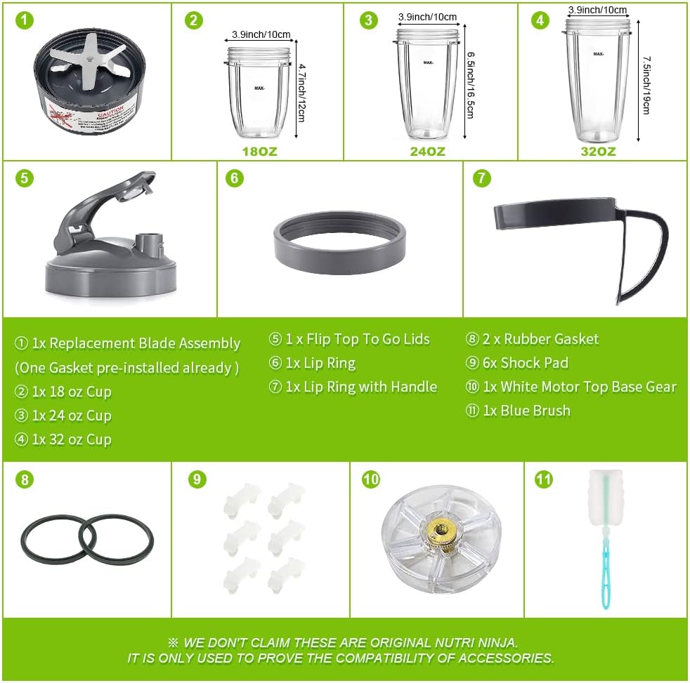 14 PCS Blender Extractor Blade and Cups for NutriBullet 600w and 900w Series, Replacement Parts Gasket Shock Pad and Gear(1 Blade, 3 Cups,1 Lids)