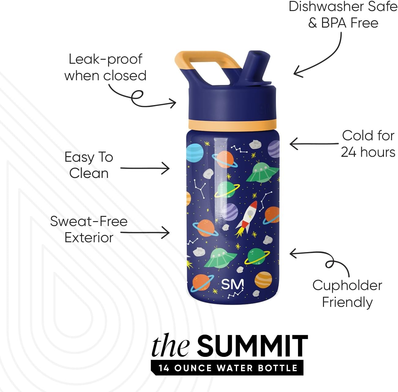 Simple Modern Kids Summit Water Bottle with Straw Lid | 14oz Stainless Steel Cup Insulated Tumbler Tumbler for Boys, Girls, School | Outer Space