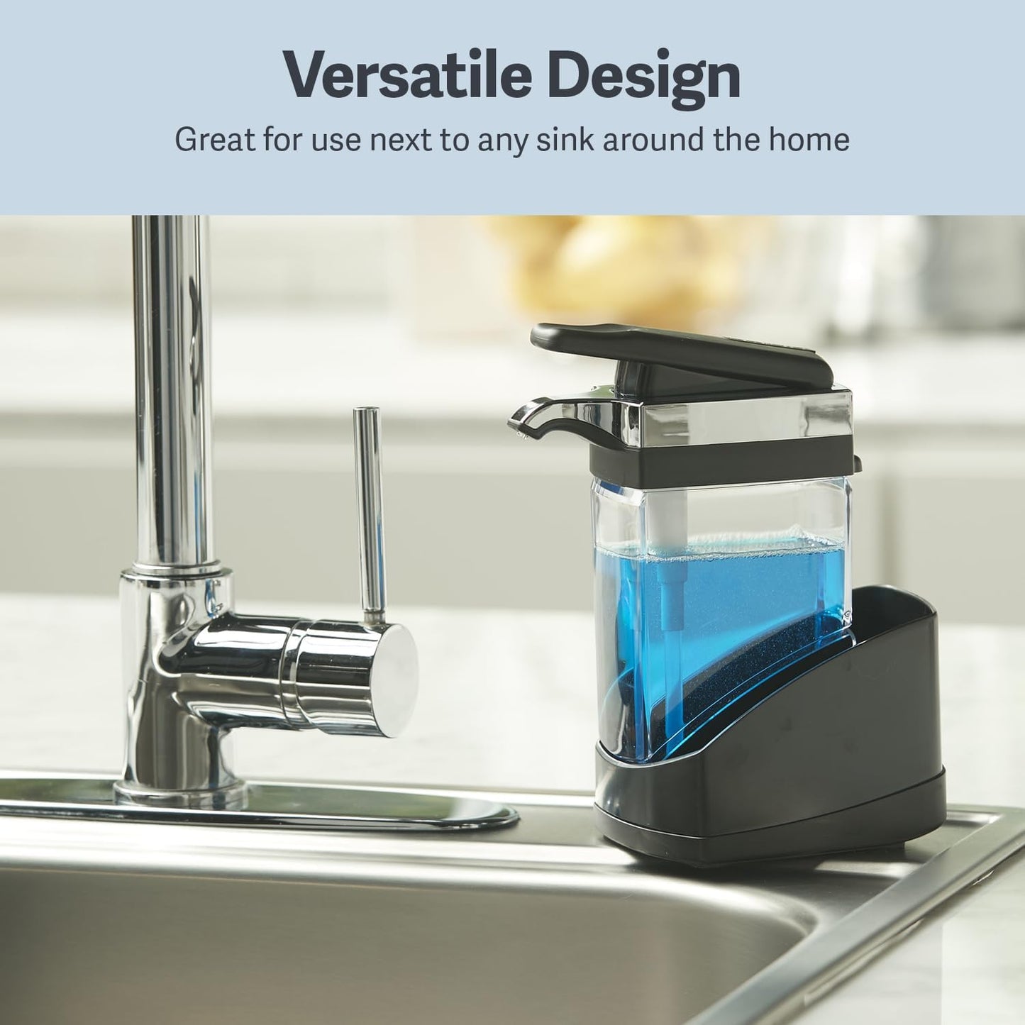 Casabella Sink Sider Solo Kitchen Soap Pump and Sponge Caddy, Black/Chrome - 2-in-1 Soap and Sponge Caddy, One-Hand Soap Dispensing, Ergonomic Design, Easy to Refill and Clean, Efficient Size