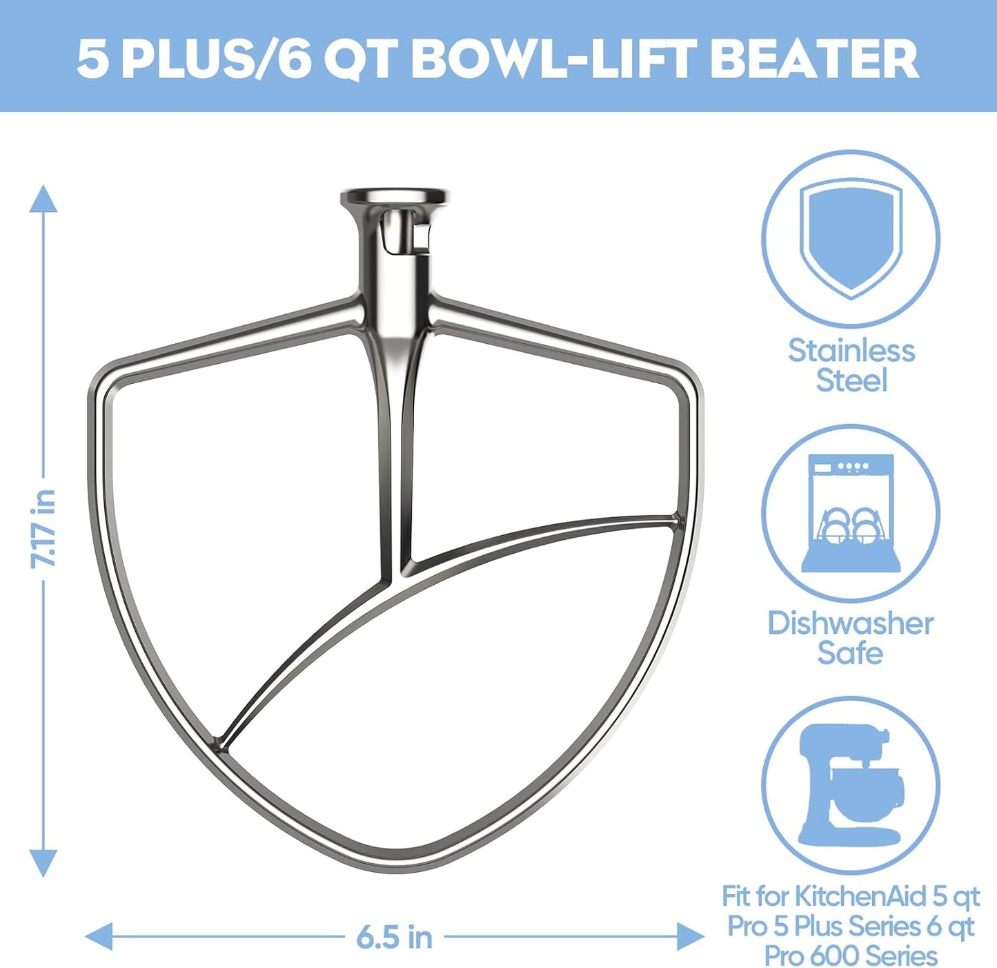 Stainless Steel Flat Beater for KitchenAid 5Plus/6 Qt. Bowl-Lift Stand Mixers, Paddle Attachment for KitchenAid Mixer, Dishwasher Safe