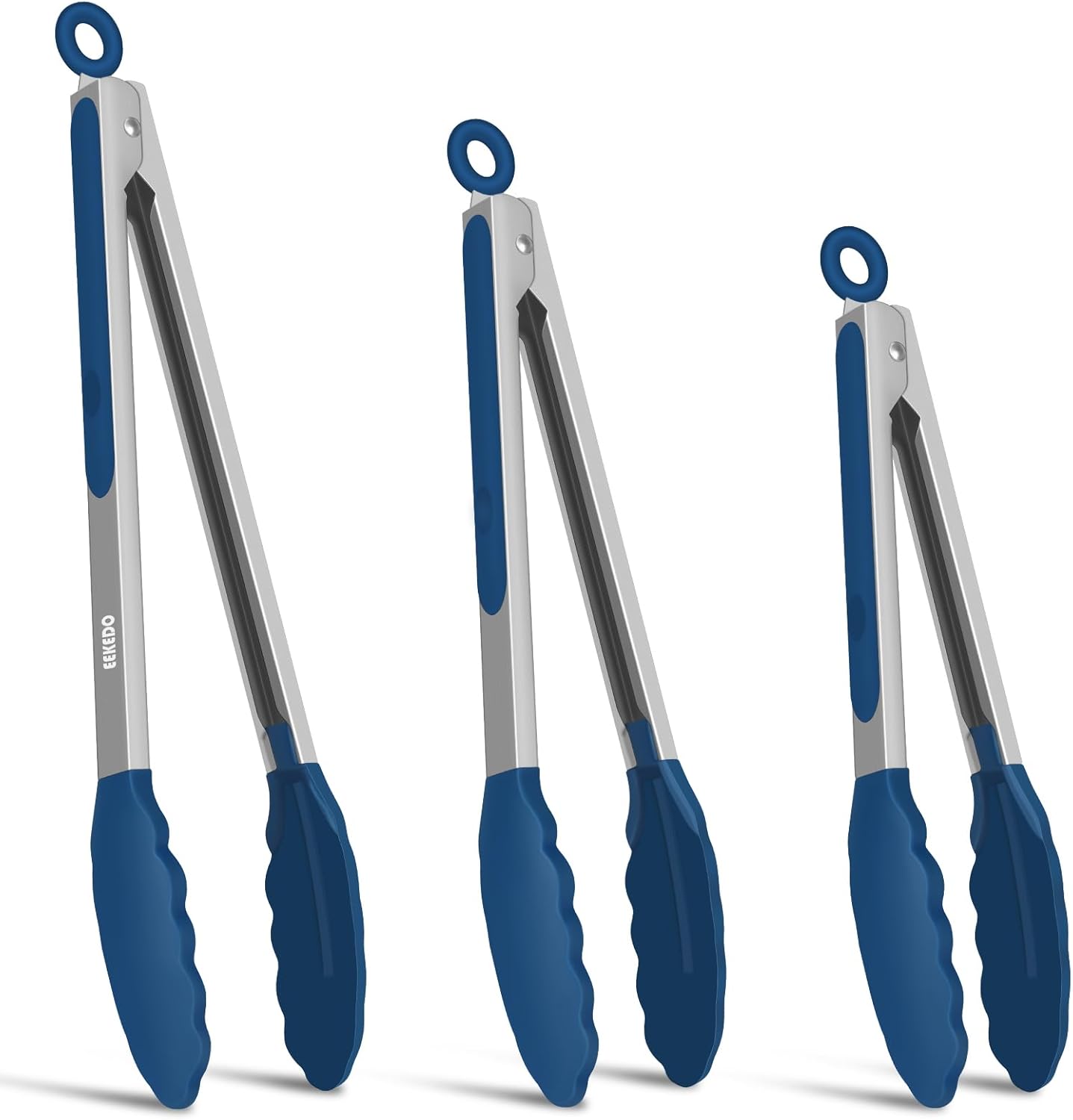 Kitchen Tongs, Set of 3 Stainless Steel Tongs with Silicone Tips Locking Cooking Tongs 600ºF Heat Resistant Tong for Cooking BBQ Grilling Air Fryer Serving Food Salads, 7"+9"+12" Classic Blue