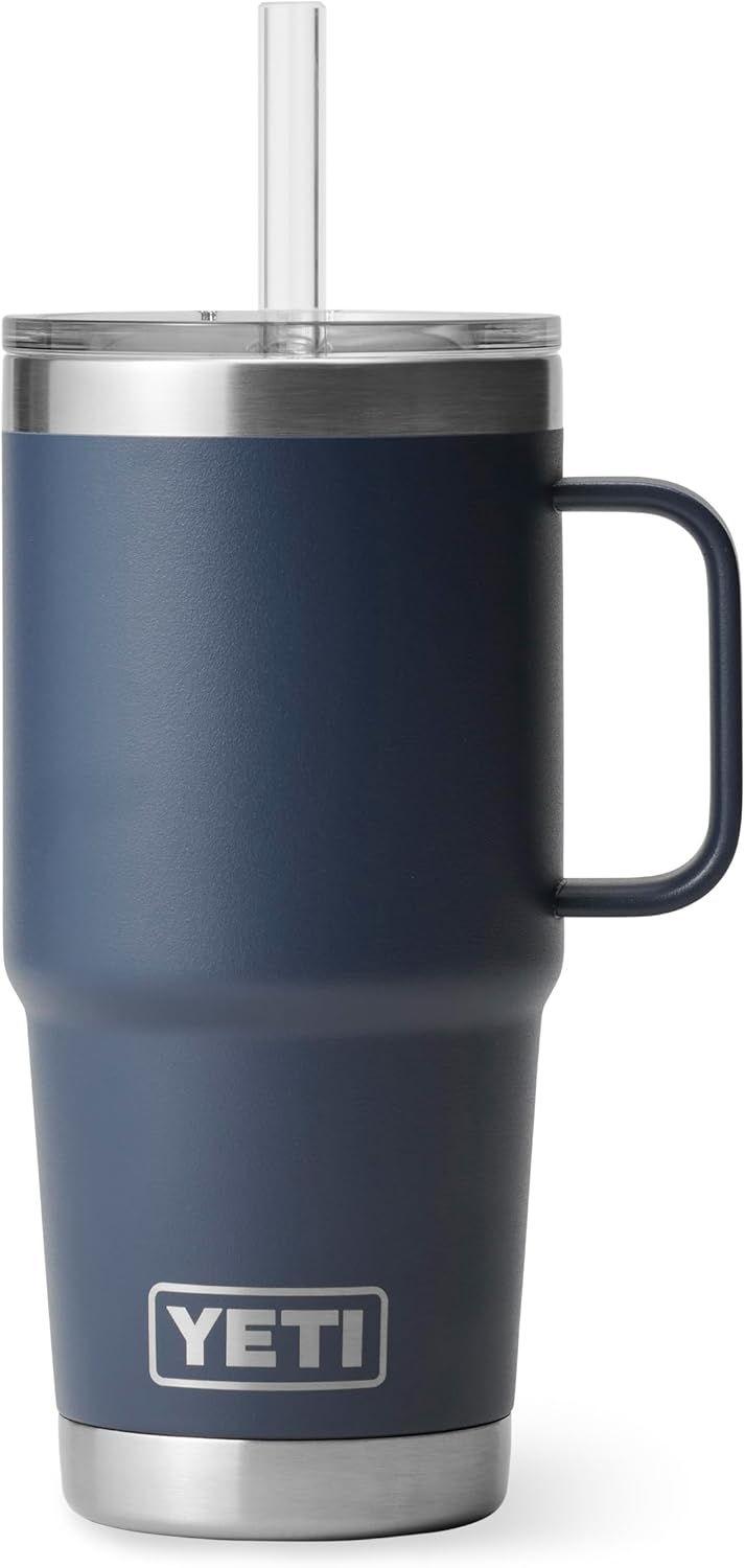 YETI Rambler 25 oz Tumbler with Handle and Straw Lid, Travel Mug Water Tumbler, Vacuum Insulated Cup with Handle, Stainless Steel, Navy