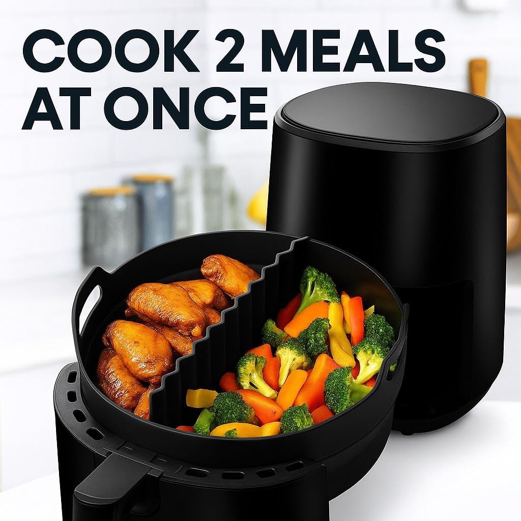 Silicone Air Fryer Liner 8.6" Round for 5–8 QT, With Divider Split for 2 Flavors, Reusable Non-Stick Collapsible Pot Liner, Dishwasher Safe, Heat-Resistant 446°F, GRAY, 1 Pack