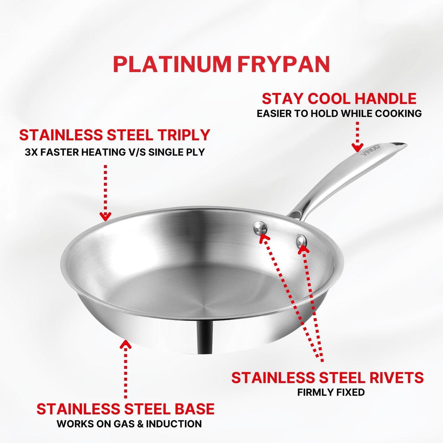 Vinod Platinum Triply Stainless Steel Frypan 24 cm | 2.5 mm Thick | Steel Pan | Scratch Resistant, Non Toxic | | Induction & Gas Friendly, Heavy Bottom