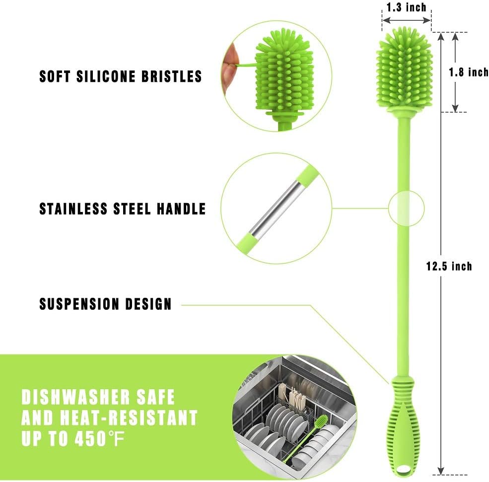 Silicone Bottle Cleaning Brush with Long Handle, 12.5" Water Bottle Cleaner for Baby Bottles, Hydro Flask, Sports Bottle, Vase, Glassware, Perfect for Smaller Diameter Bottle Openings (One Pack)