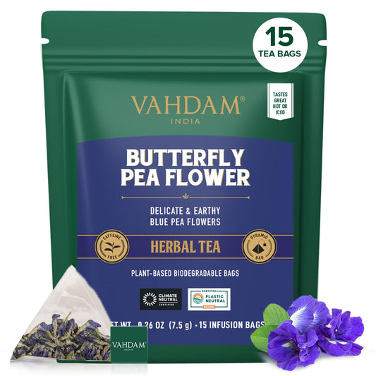 VAHDAM, Butterfly Pea Flower (15 Pyramid Bags) Vegan, Non-GMO | Delicate & Earthy | Direct From Source – Plant-Based Biodegradable | Brew Iced Tea, Cooking, Mocktails & Cocktails