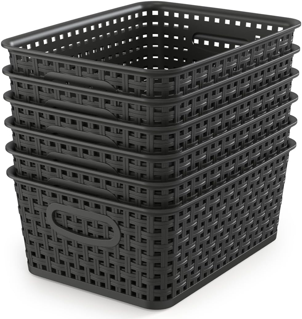 WYT Woven Storage Organizer Basket, 6-Pack Black Plastic Weave Baskets, 10.1 x 7.55 x 4.1