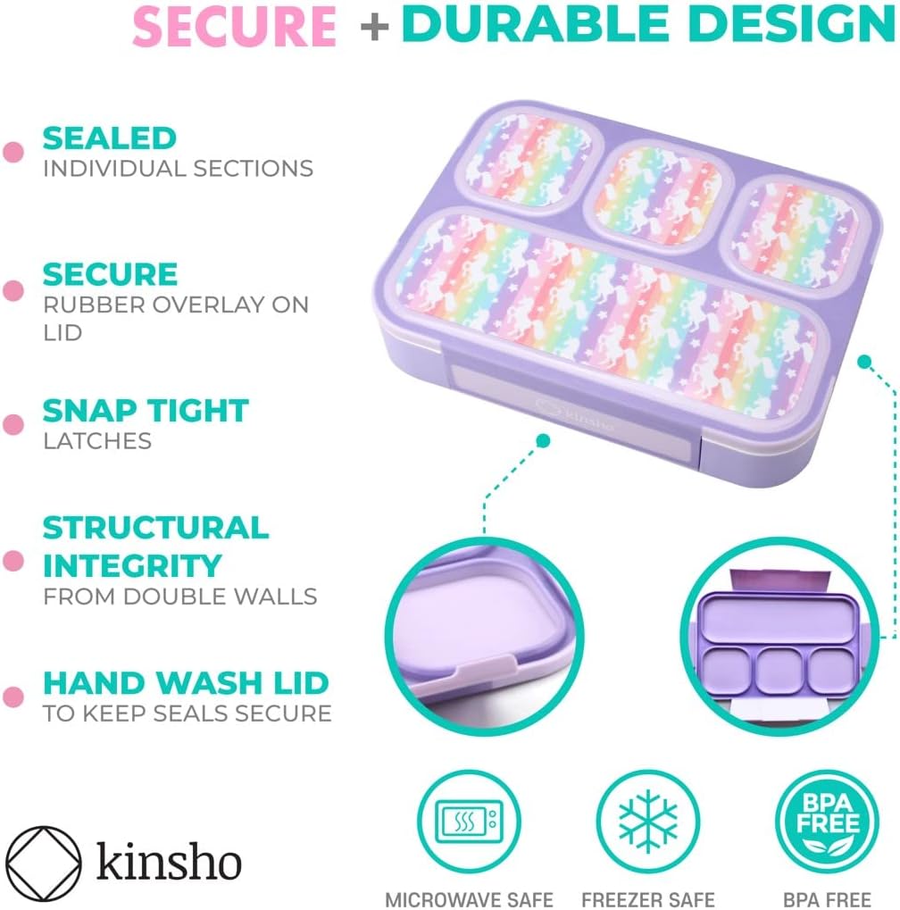 kinsho Bento-Box Lunch-Boxes for Kids, Girls, Lunch and Snack Containers for Toddler Daycare, School, Travel BPA-Free, 4 Divided Compartments Utensils (Purple Rainbow Unicorn, 2 Pack)