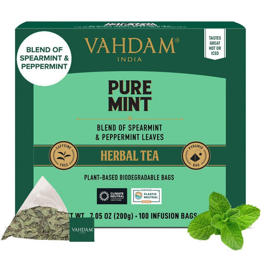 VAHDAM, Pure Mint Herbal Tea (100 Pyramid Tea Bags) Caffeine Free, Non GMO, Gluten Free | Blend of Spearmint & Peppermint - Sweet & Minty | Resealable Ziplock Pouch