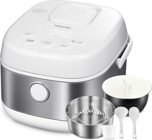 TOSHIBA Induction Heating Rice Cooker - Low Carb, Low Sugar, Digital Steamer, 5.5 Cups (Uncooked), 8 Cooking Functions, 24H Timer & Auto Keep Warm, Silvery white
