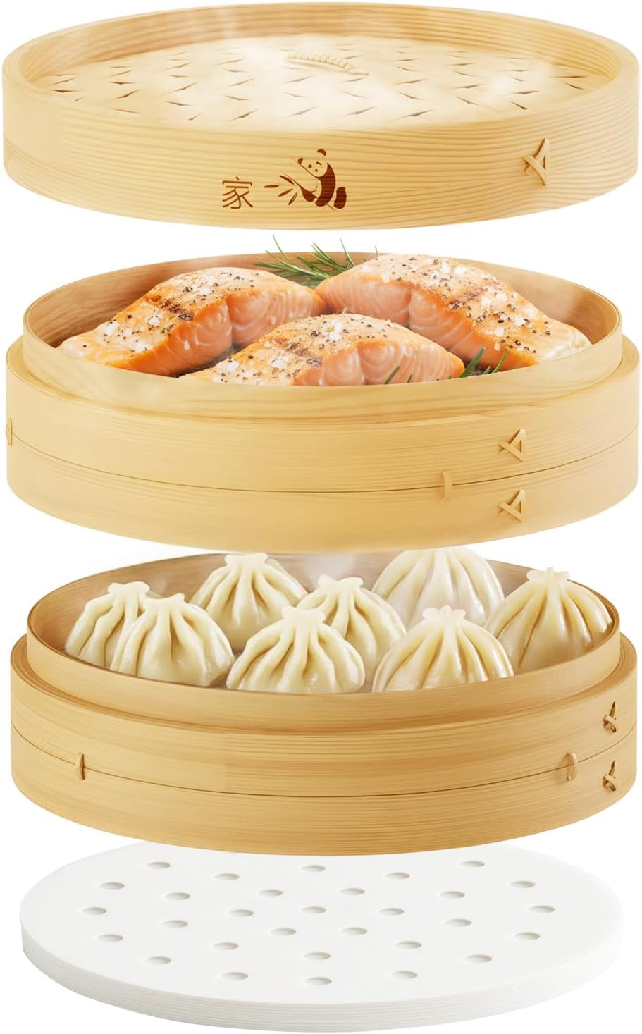 Prime Home Direct Bamboo Steamer Basket 8-Inch | 2-Tier Steamer for Cooking | 50 Liners | Small Instant Steaming Cookware Asian Food, Bao Buns, Chinese, Dim Sum, Dumpling, Rice, Vegetable Steam Pot