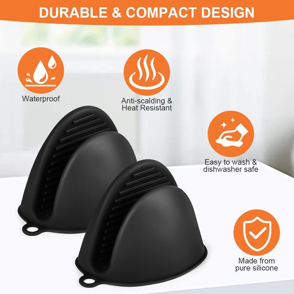 AUAUY 1 Pair Mini Silicone Oven Mitts, Heat Resistant Pot Holders Mitts, Cute Oven Pinch Grip Gloves, Small Potholders for Kitchen, Air Fryer Mitts Pair for Cooking, Baking and Grilling (Black)