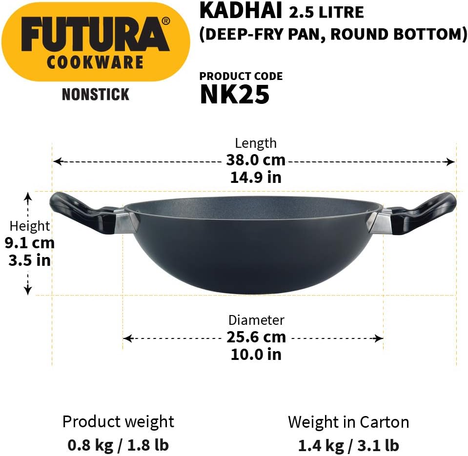 Hawkins Futura 2.5 Litre Deep Fry Pan, Non Stick Kadai, Round Bottom Kadhai, Black (NK25)