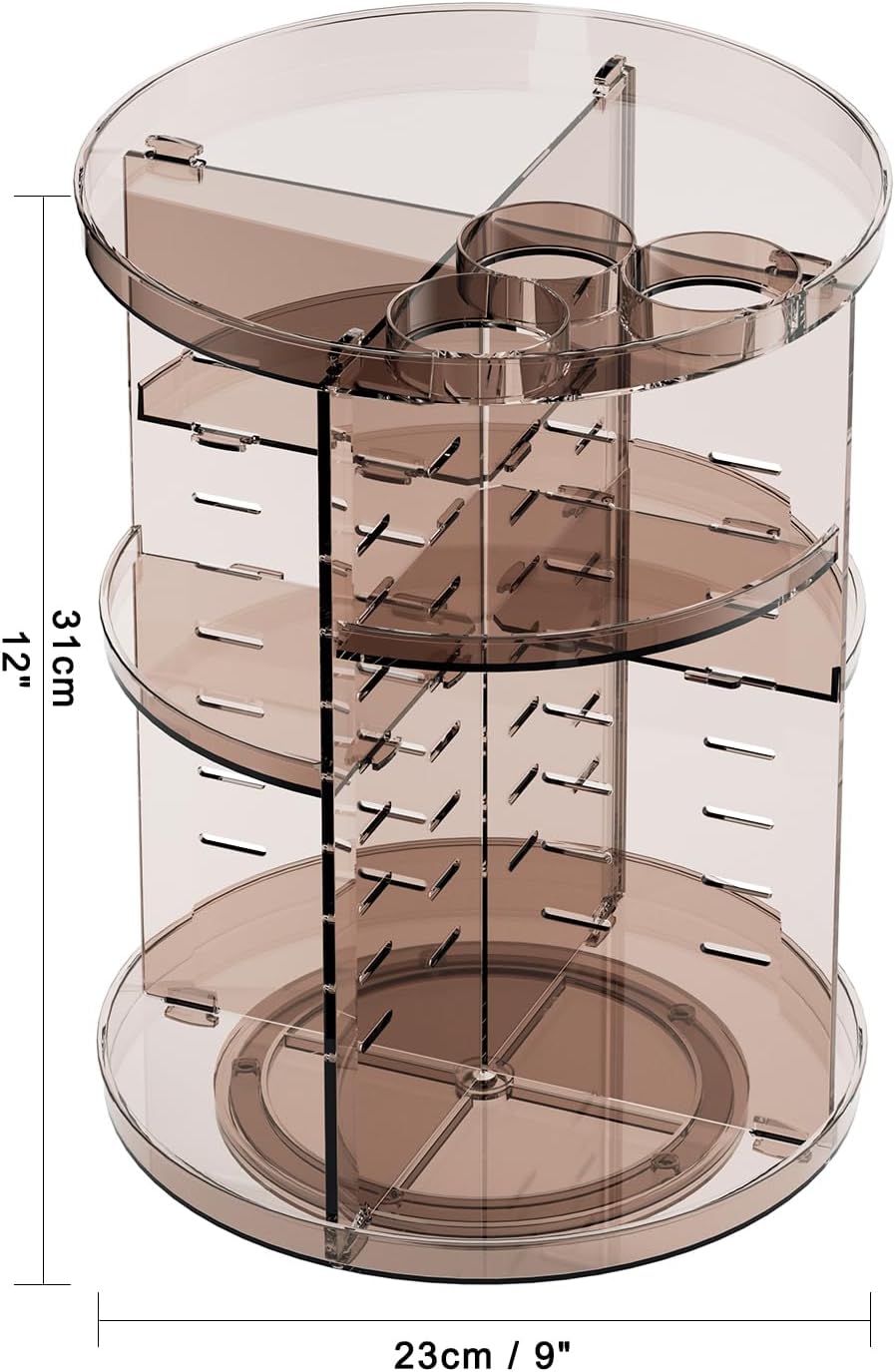 Rotating Makeup Organizer Countertop, DIY Adjustable Trays Spinning Skincare Organizers, Cosmetic Display Shelf with Perfume & Brush Holder, Multi-Function Desk Storage Carousel for Vanity Bathroom