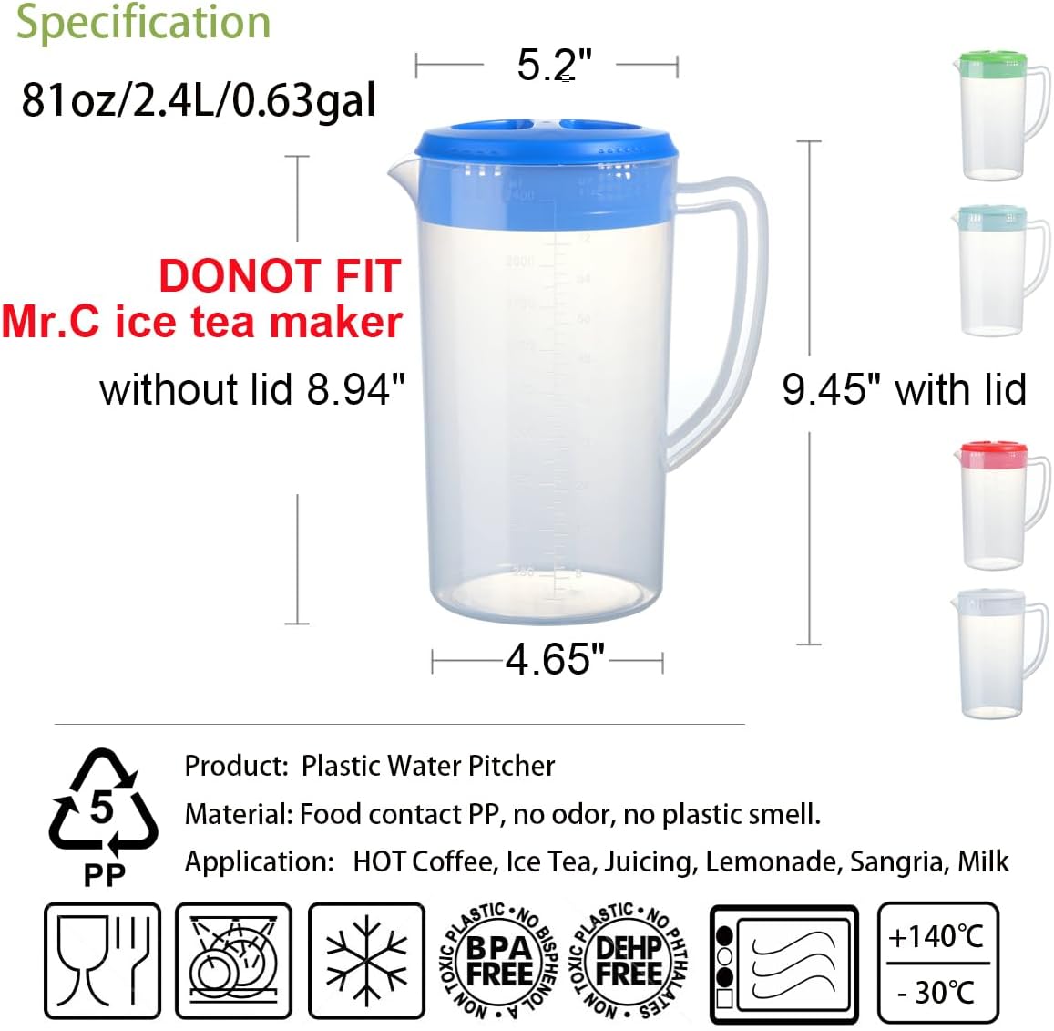 0.66 Gallon/2.5 Litre Plastic Pitcher with Lid BPA-FREE Eco-Friendly Carafes Mix Drinks Water Jug for Hot/Cold Lemonade Juice Beverage Jar Ice Tea Kettle (Blue, 81oz)