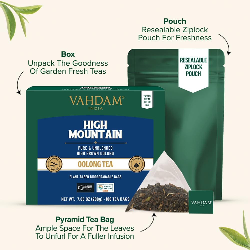 VAHDAM, High Mountain Oolong Tea Bags (100 Count) Non GMO, Gluten Free | High Grown Oolong Tea Leaves - Light & Floral | Resealable Ziplock Pouch