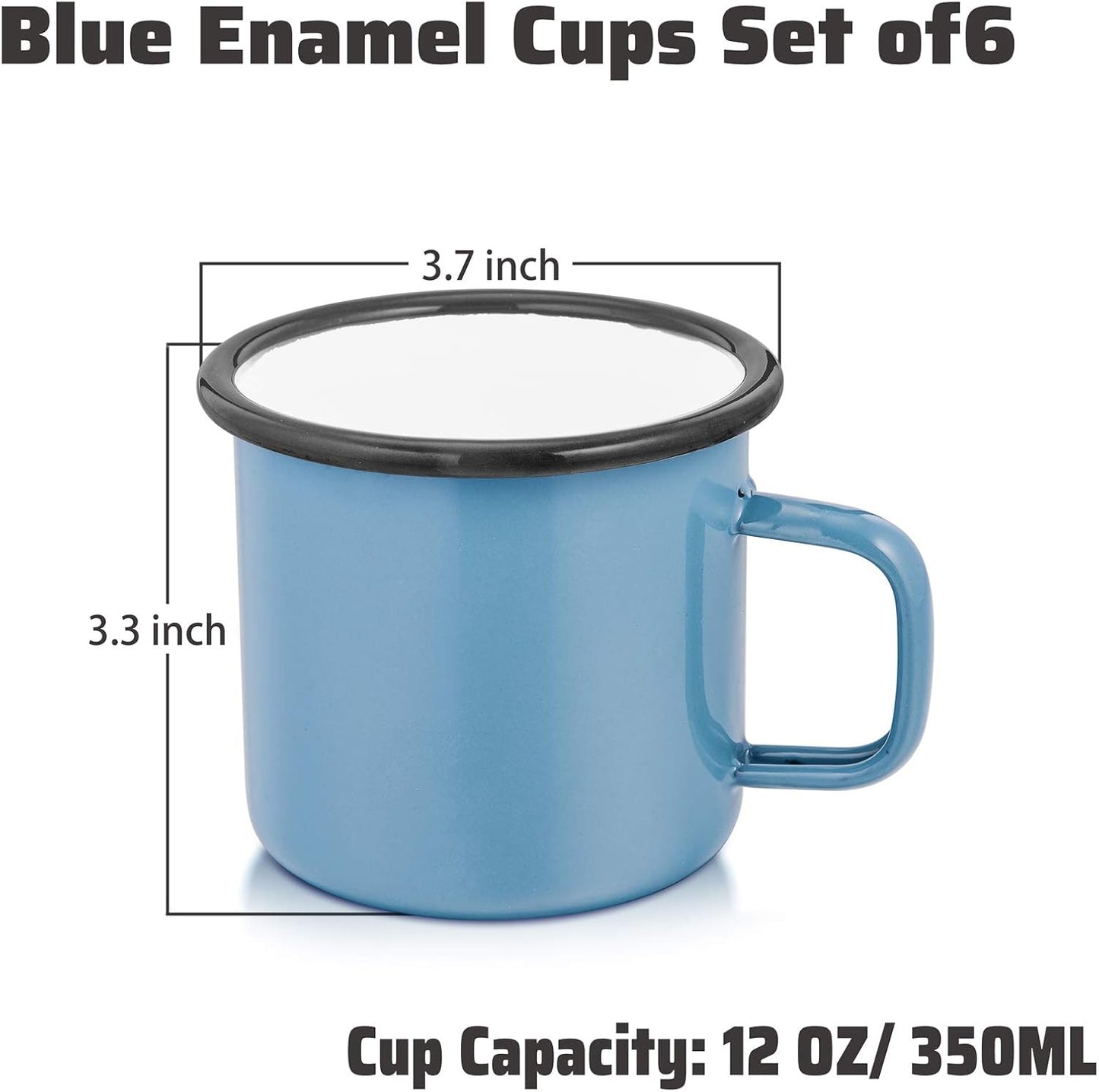 P&P CHEF Enamel Camping Coffee Mug Set of 6, Small Colored Mugs Cups for Family Gathering/Friend Party/Camping/Picnic/Fishing, Lightweight & Portable -12 Ounce, 350ML & Blue