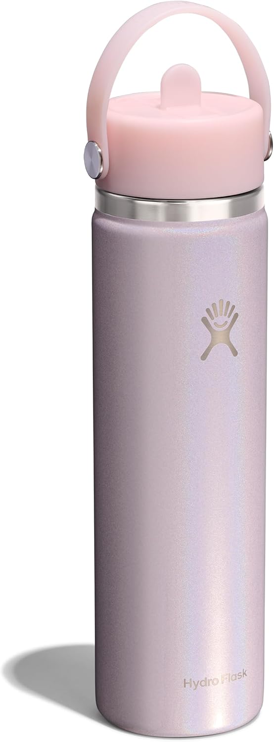 Hydro Flask Water Bottle - Insulated Stainless Steel - Wide Straw Lid, Non-Spill, Leakproof in 24 Oz Glimmer Pink