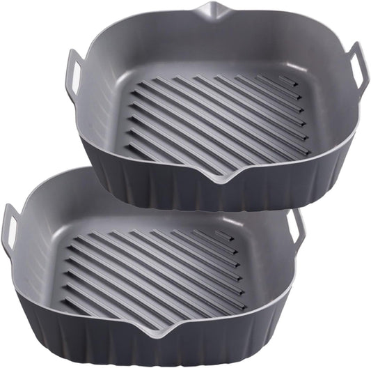 Silicone Liners Square for Air Fryer, 2 Pcs Non-stick Food-grade Reusable Basket Silicone Pot Baking Tray Airfryer Accessories, Top Size 8 inches, Bottom Size 7 inches, Grey