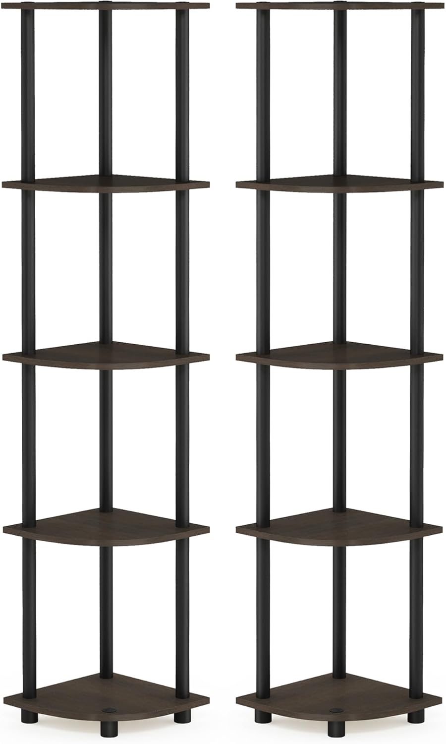 Furinno TURN-N-TUBE Corner Shelf Set of 2, 5-Tier Corner Bookshelf, Open Storage Shelves, for Organization and Storage, Living Room, Home Office, Garage, Dark Brown Grain