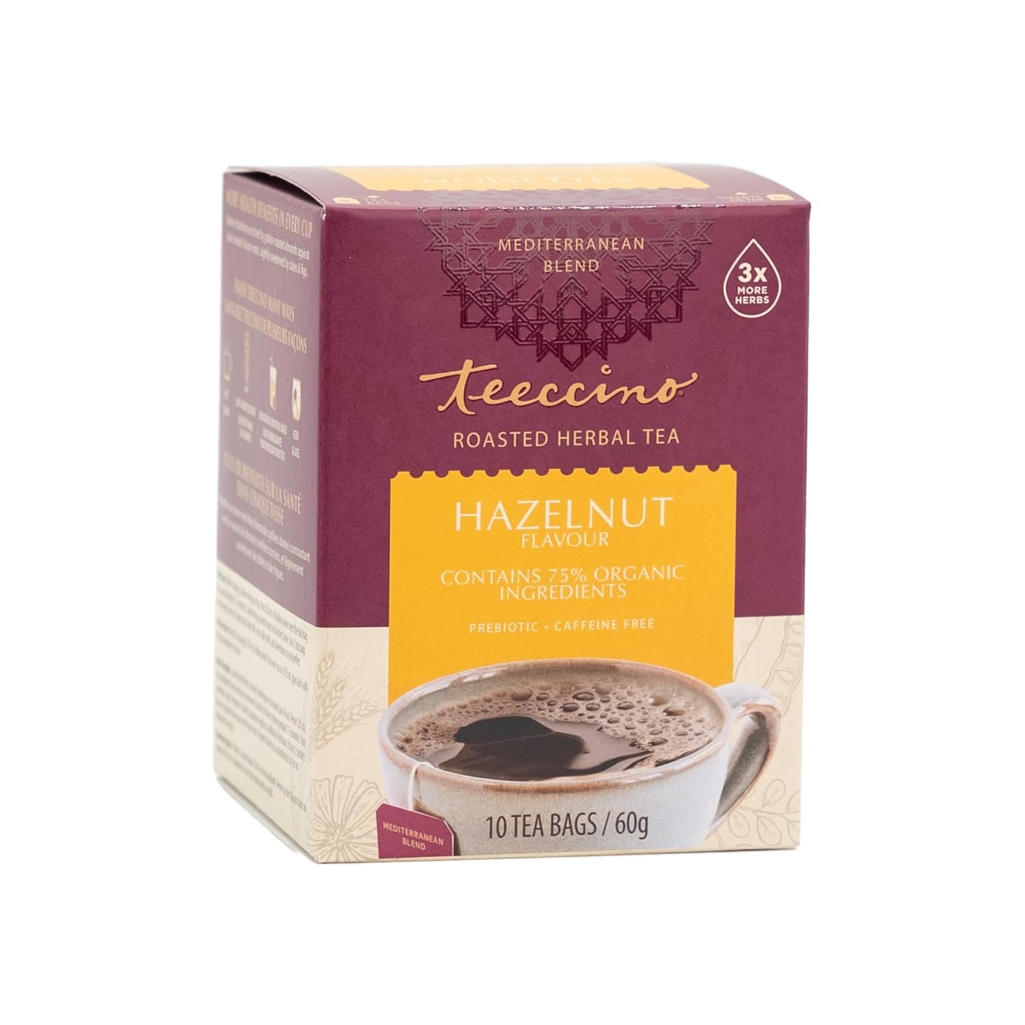 Teeccino Hazelnut Herbal Tea - Rich & Roasted Herbal Tea That’s Caffeine Free & Prebiotic for Natural Energy, 10 Tea Bags (Pack of 4)