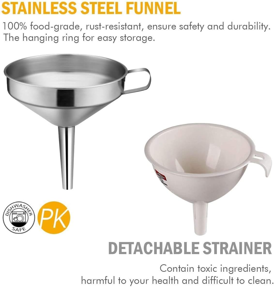 Kitchen Funnel, 3 Piece Stainless Steel Funnels Set with Handle Design and Removable Strainer, Great for Transferring of Liquid, Fluid, Dry Ingredients & Powder, Funnels for Filling Bottles