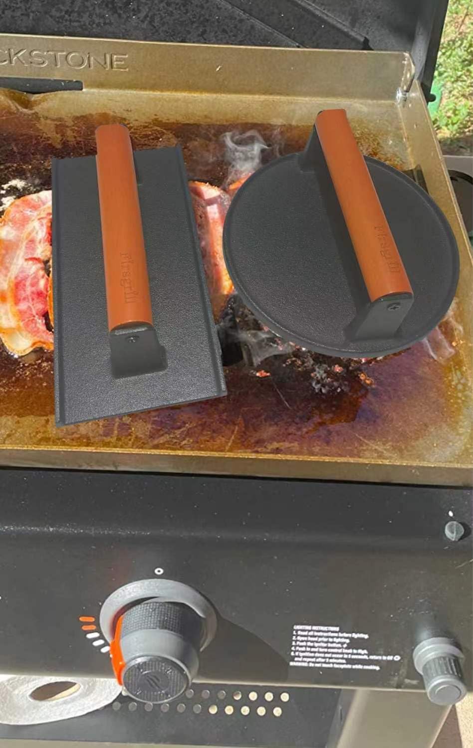 Firsgrill Cast Iron Grill Presses with Wood Handle (Round w Flat Bottom)